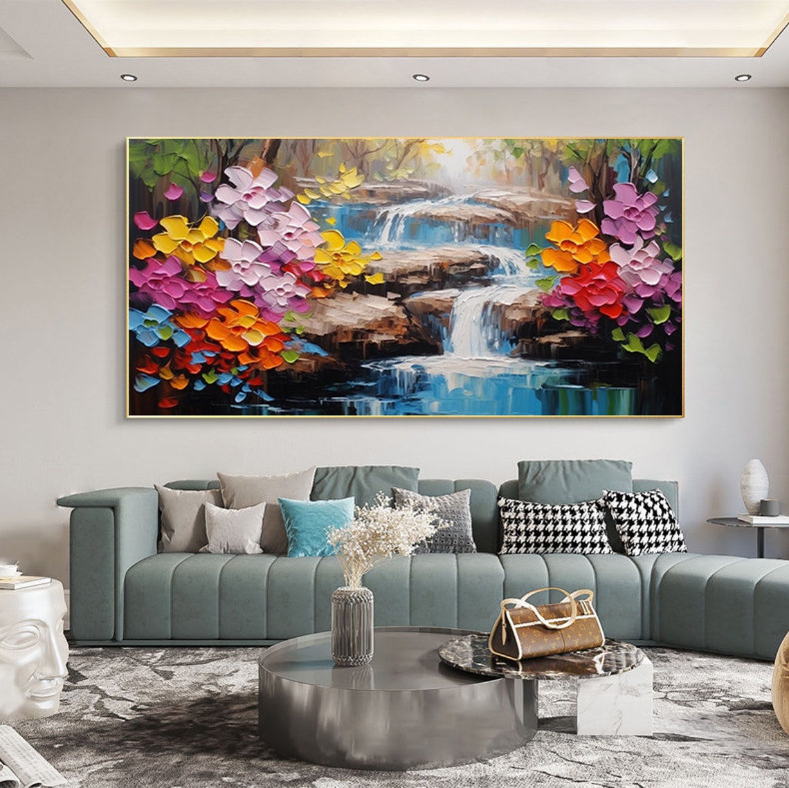 Rainbow Floral Waterfall Cascade Impasto Landscape Living Room Poster - Image 7