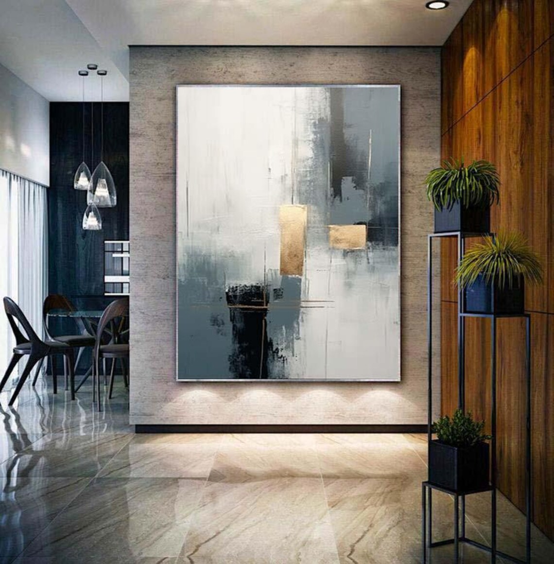 Minimalist Grey White Abstract Painting with Gold Accent Blocks Poster - Image 4
