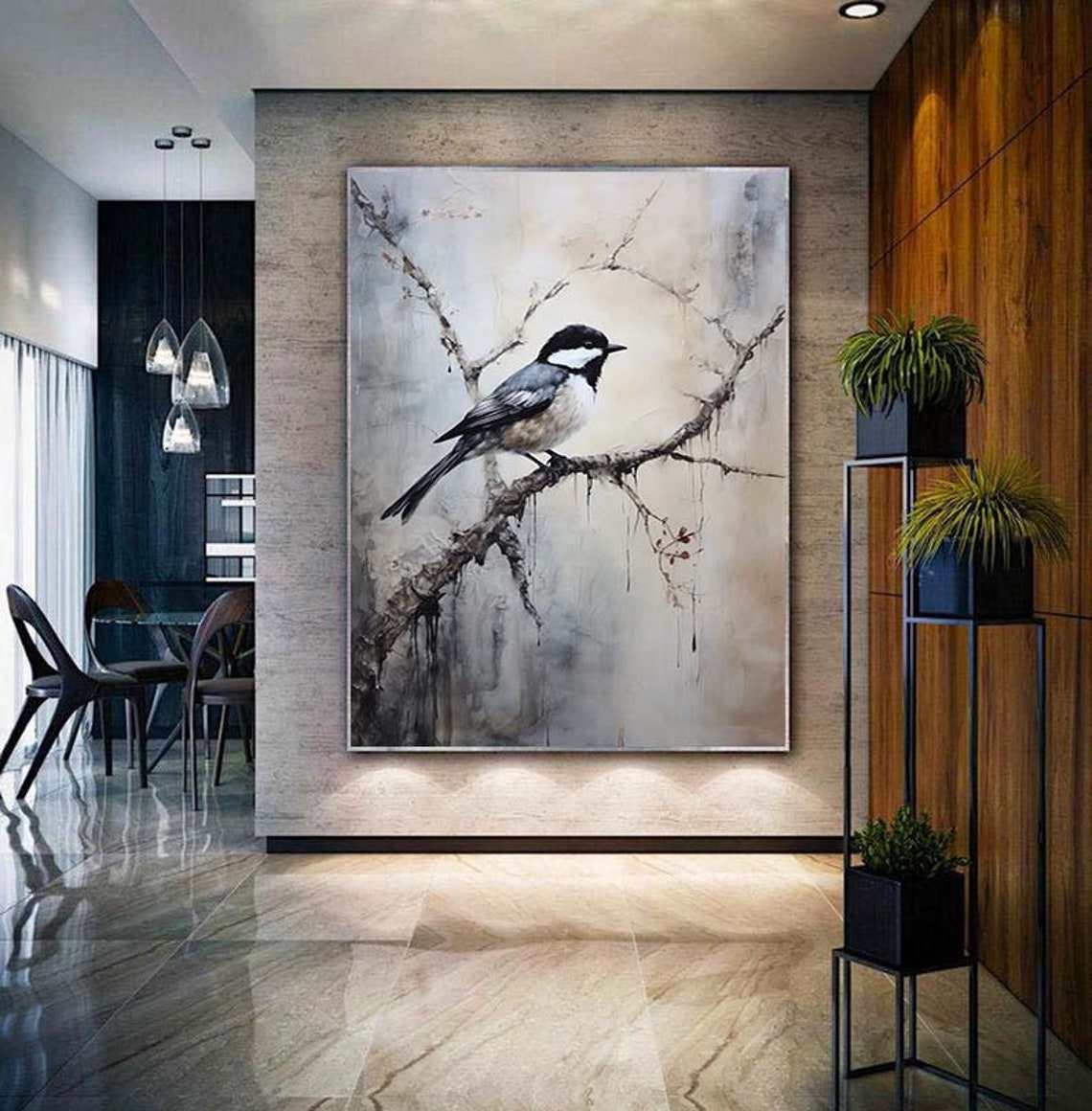 Black And White Chickadee Perched On Branch Misty Art Poster - Image 4