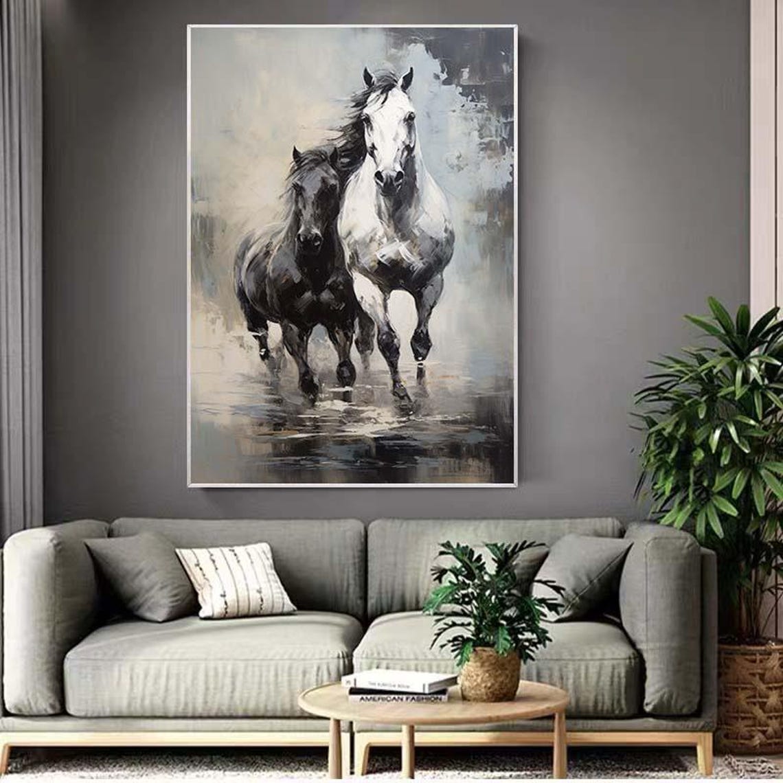 Black White Horses Running Monochrome Equine Gallop Art Poster - Image 3