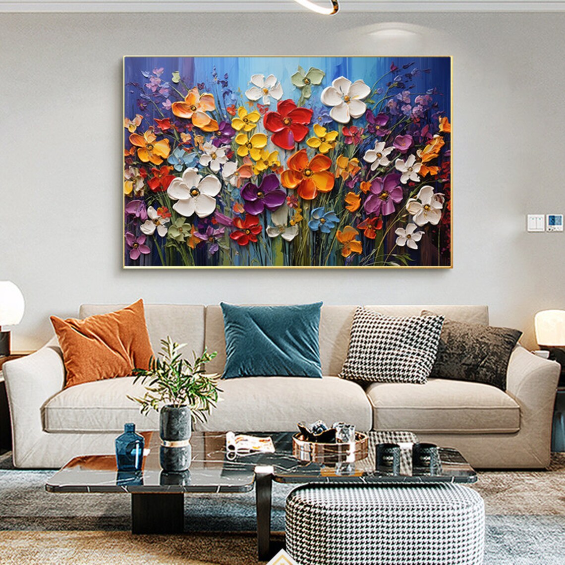 Lush Impasto Wildflower Field With Red Orange Blooms On Blue Poster - Image 2