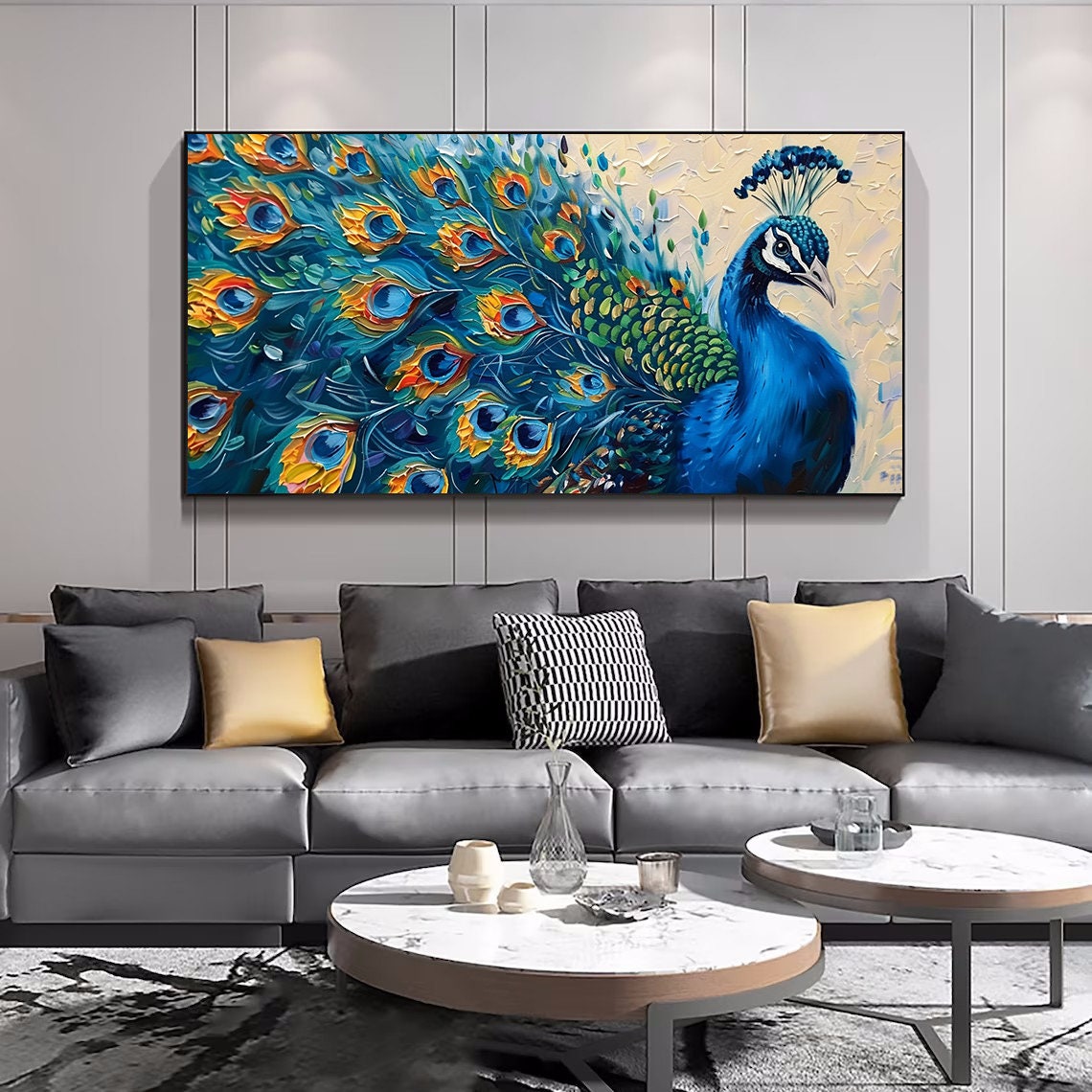Vibrant Blue Peacock With Fanned Tail Impasto Oil Painting Poster - Image 6