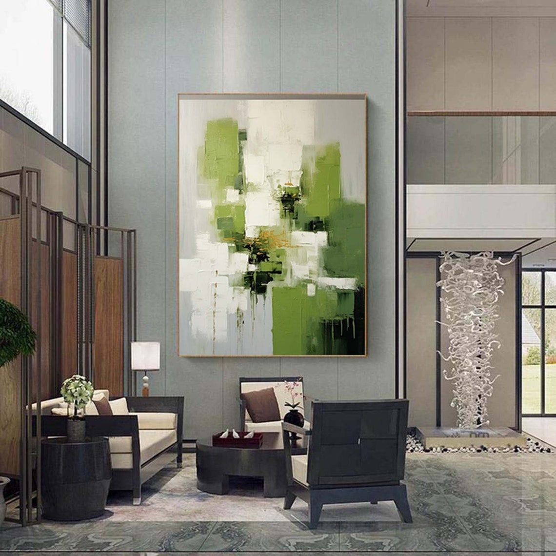 Green and White Textured Abstract Modern Botanical Wall Poster - Image 3