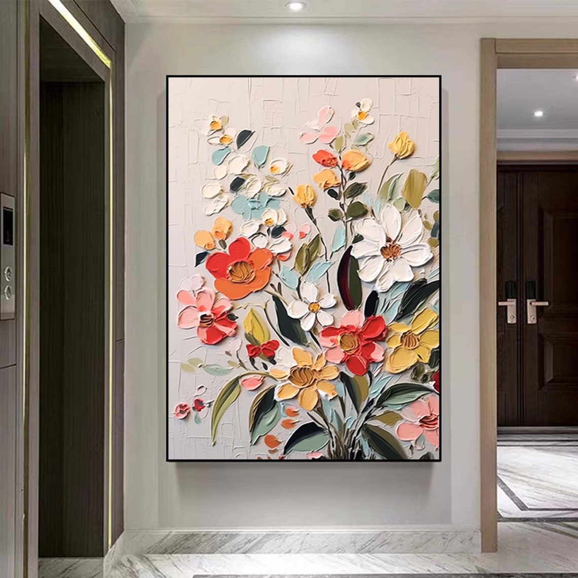 Delicate Impasto Floral Bouquet In Red White And Yellow Poster - Image 2