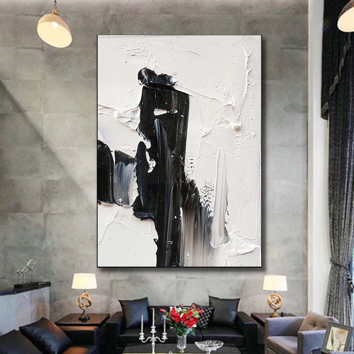 Bold Black Strokes on White Abstract Impasto Modern Wall Poster - Image 4