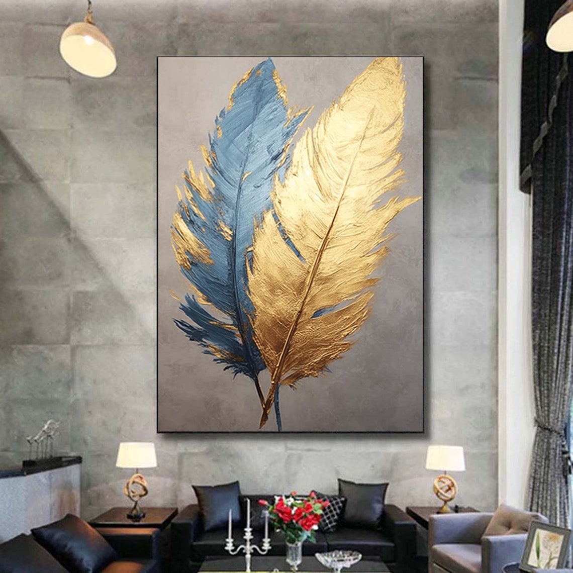 Gold and Blue Feathers on Gray Modern Elegant Painting Poster - Image 6