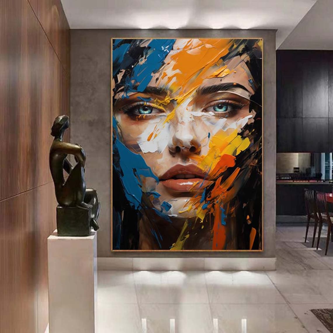 Striking Abstract Woman Face Portrait In Blue Orange Yellow Poster - Image 2