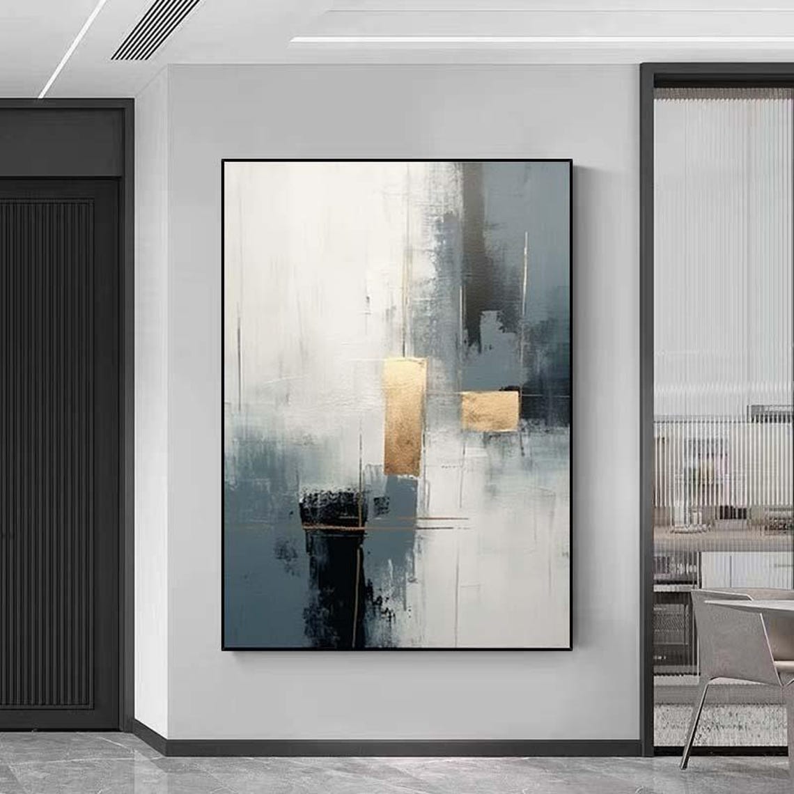 Minimalist Grey White Abstract Painting with Gold Accent Blocks Poster - Image 6