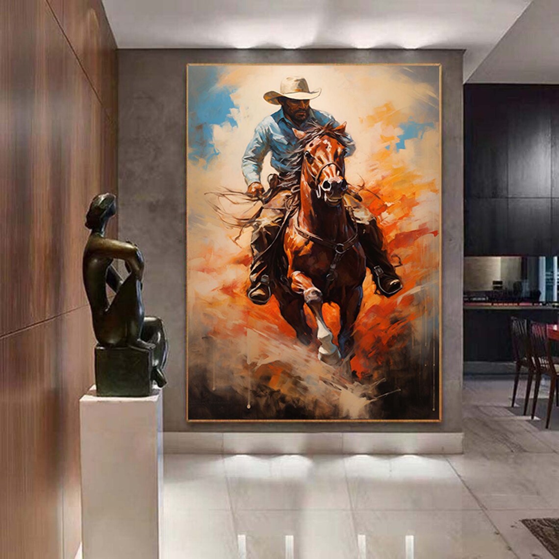 Cowboy Riding Horse Through Western Sunset Dust Painting Poster - Image 7