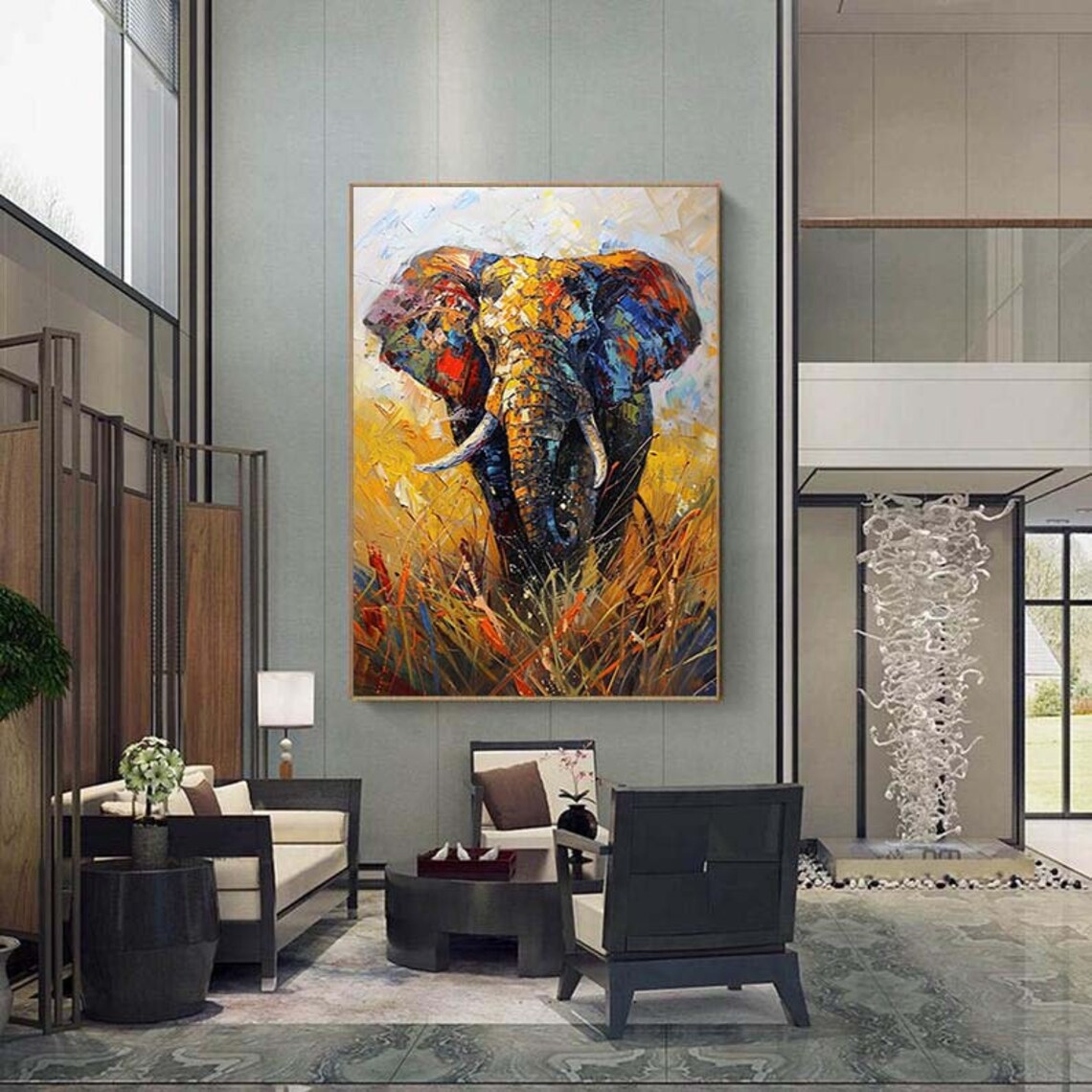 Colorful Elephant Head Golden Savanna Mosaic Portrait Poster - Image 3