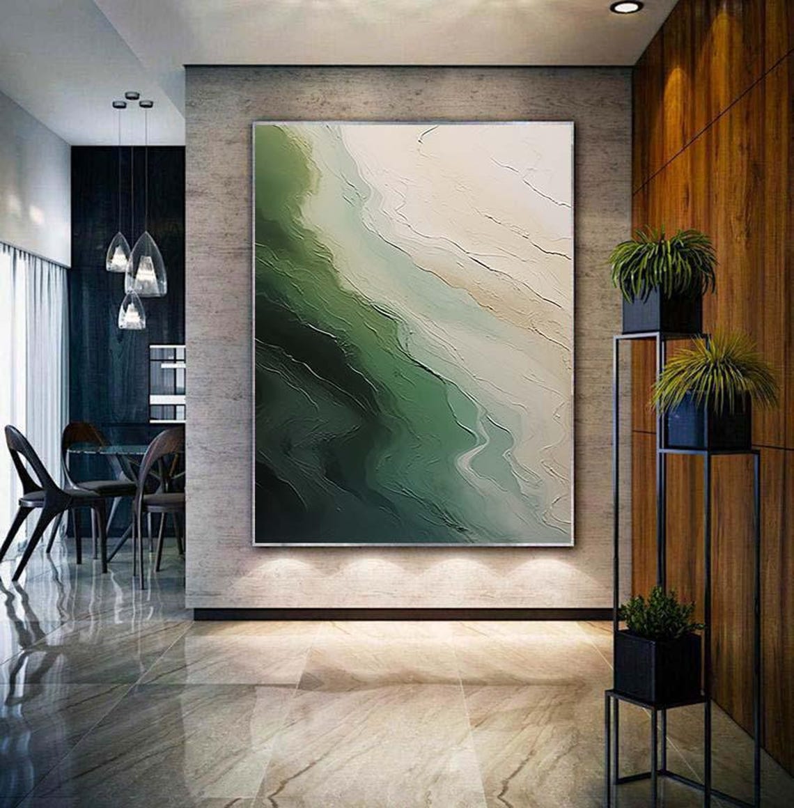 Emerald Green Beige Textured Abstract Flowing Waves Wall Poster - Image 3