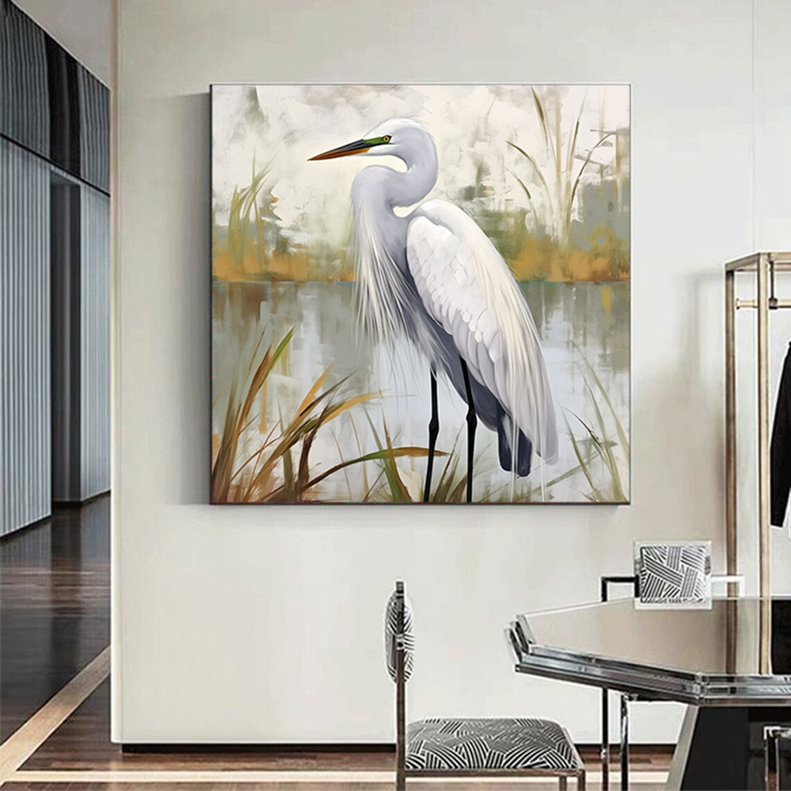 Elegant White Heron Wading In Soft Neutral Marsh Water Poster - Image 6