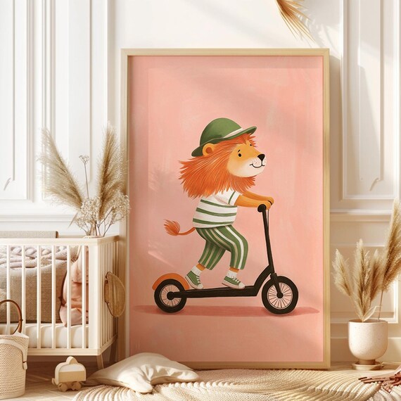 Cool Green Lion On Scooter Wall Art For Kids Room Playful Print Boys Nursery Childrens Playroom Decor Animal Illustration