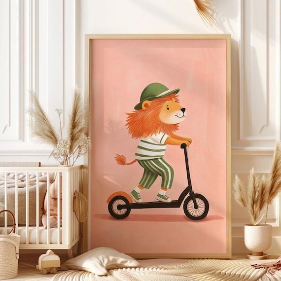 Lion Riding a Scooter in a Green Hat Playful Kids Wall Poster
