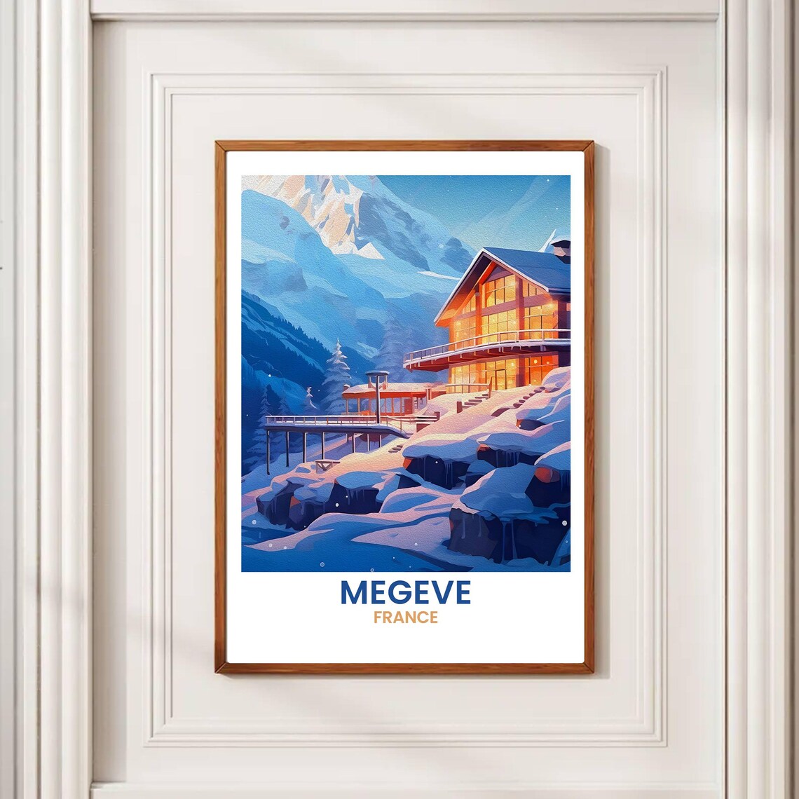 Megève France Alpine Chalet Snowy Night Ski Resort Travel Poster