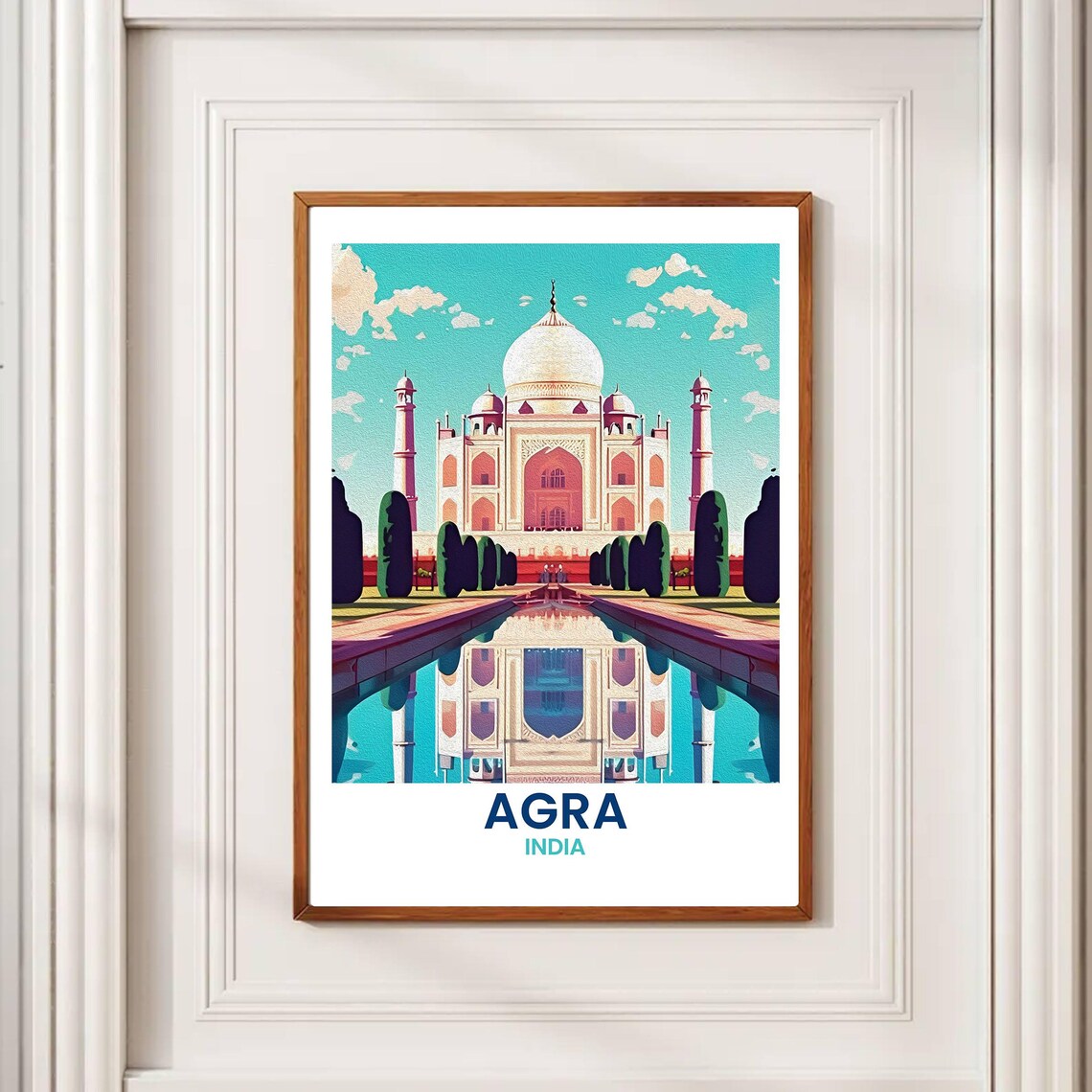 Agra India Taj Mahal Reflection Pool Vintage Travel Art Poster