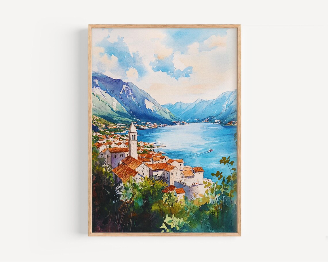 Bay Of Kotor Watercolor Travel Poster, Montenegro