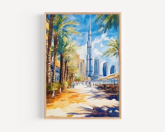Dubai Watercolor Painting Travel Poster, Decor
