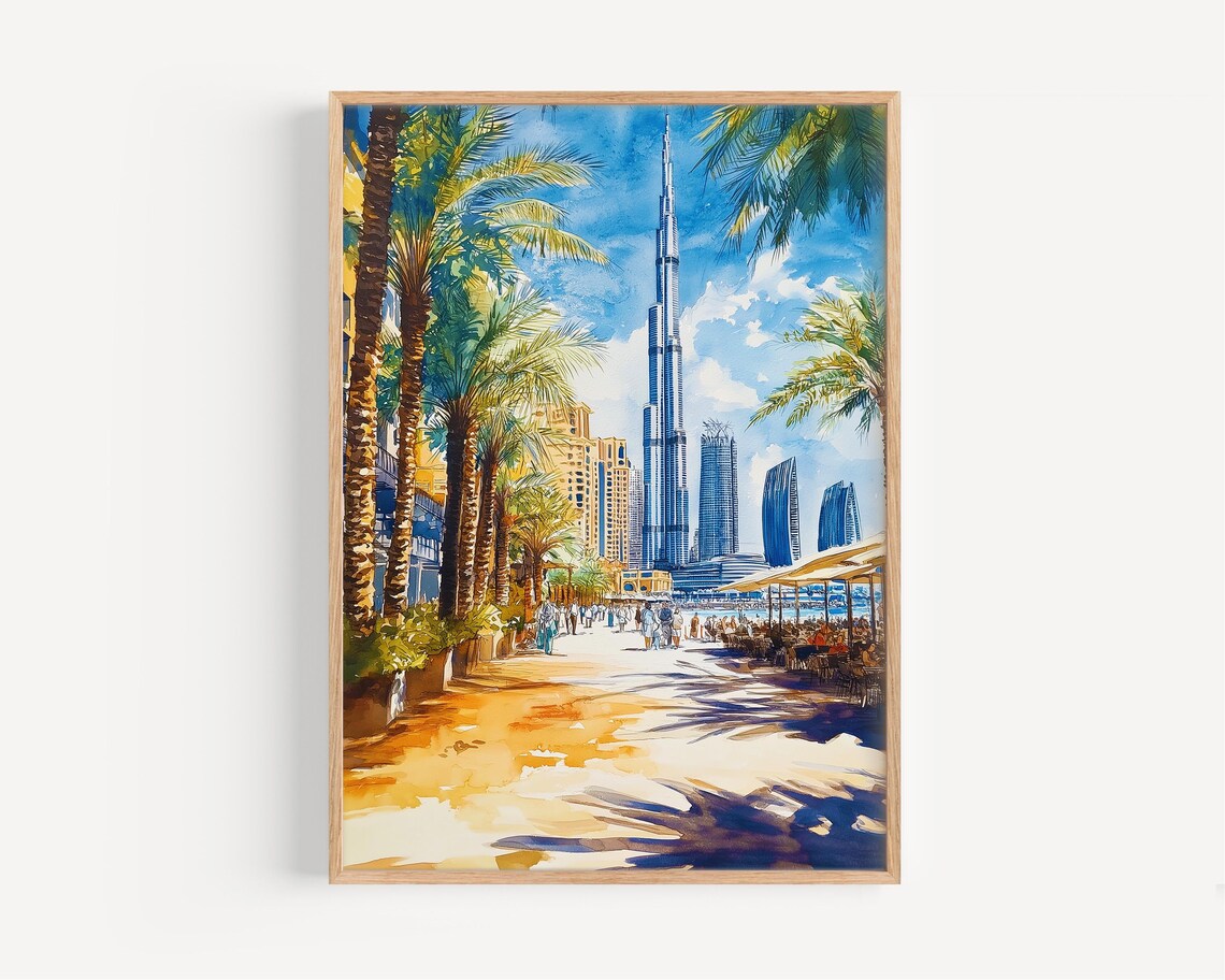 Dubai Watercolor Painting Travel Poster, Decor