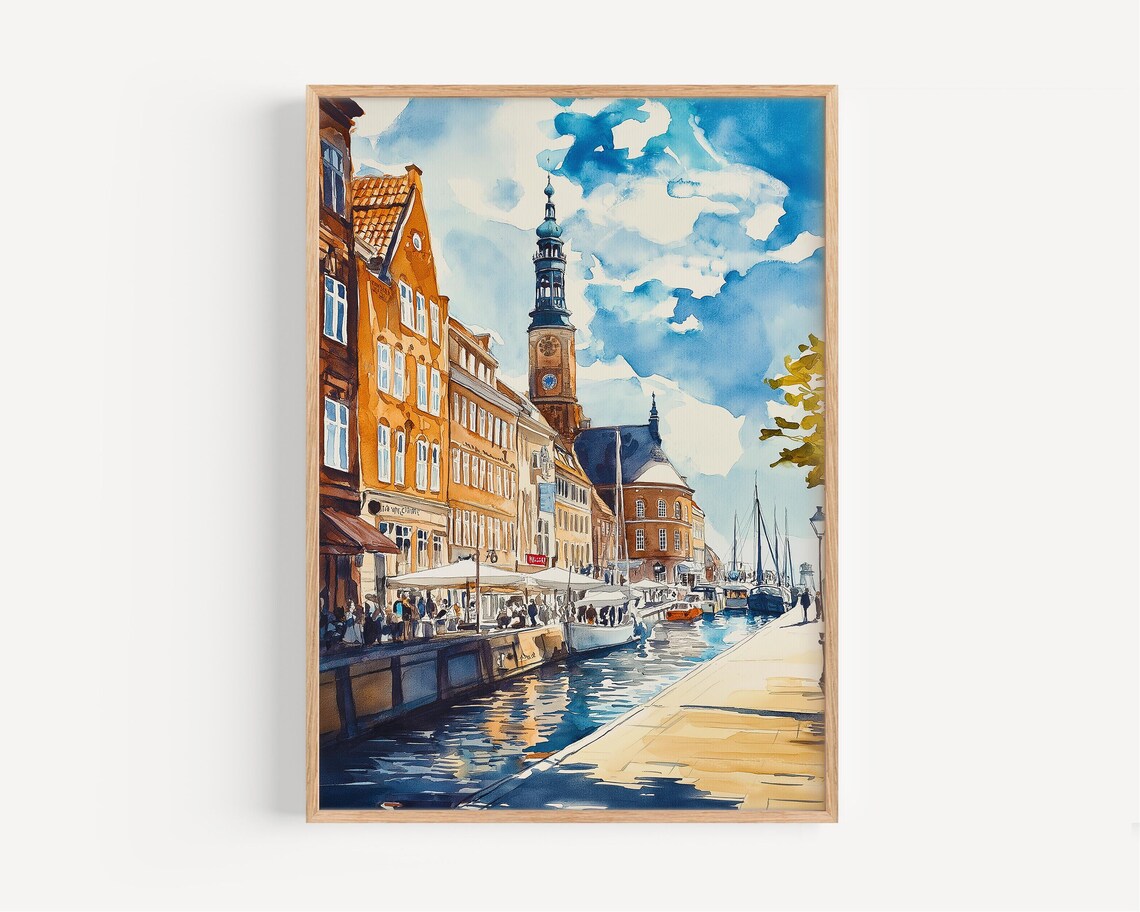 Copenhagen Denmark Watercolor Nyhavn Canal Harbor Scene Poster