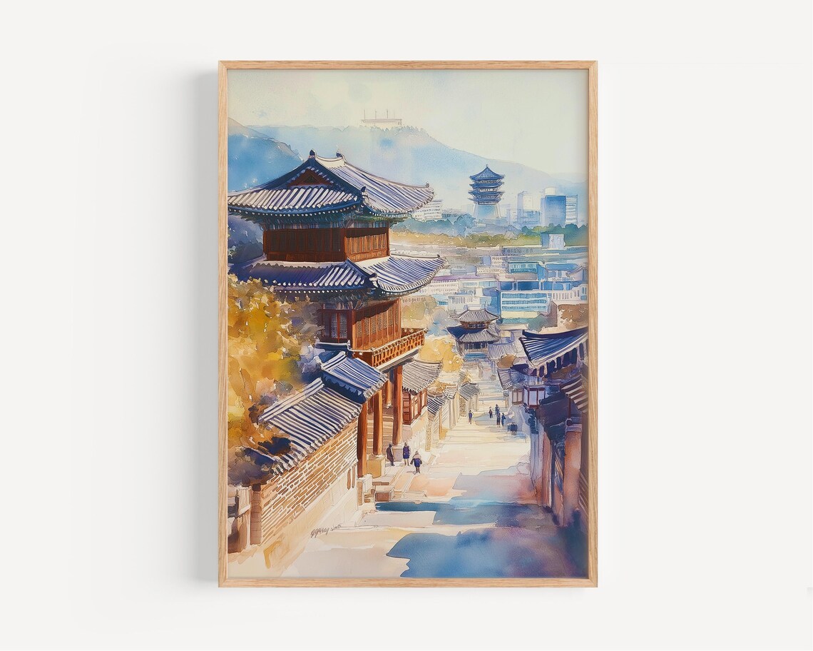 Seoul South Korea Watercolor Hanok Rooftops Pagoda Historic Street Poster