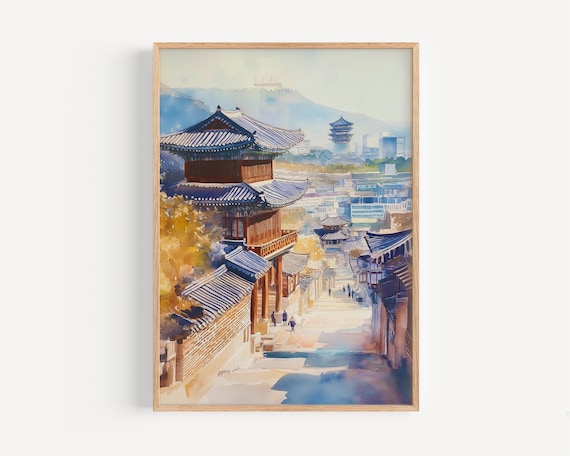 Seoul South Korea Watercolor Hanok Rooftops Pagoda Historic Street Poster