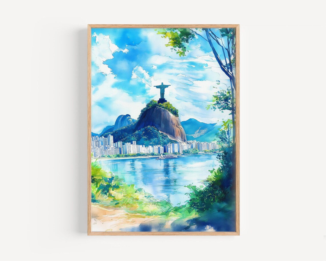 Rio de Janeiro Watercolor Christ the Redeemer Bay City Travel Poster