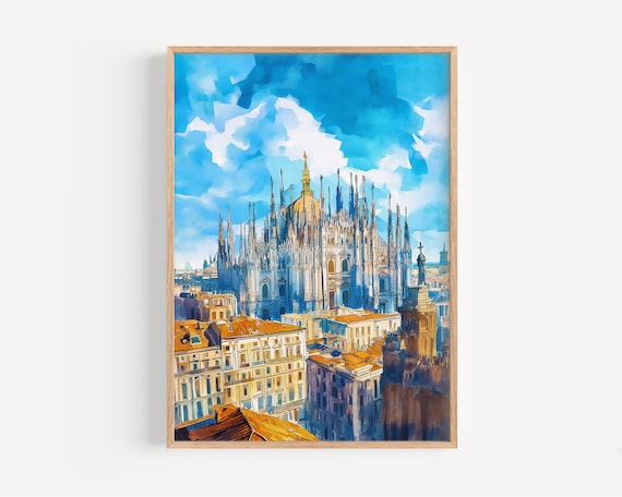 Milan Watercolor Painting Travel Poster, Italy