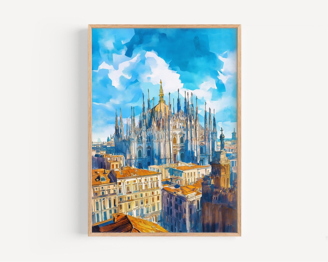 Milan Watercolor Painting Travel Poster, Italy