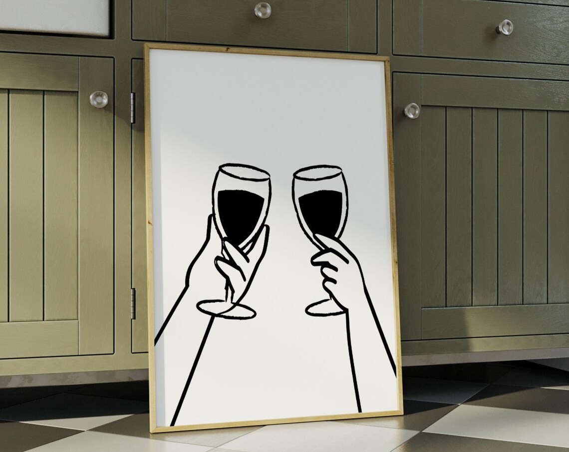 Wine Toast Cheers Filled Glasses Minimalist Line Art Kitchen Wall Poster