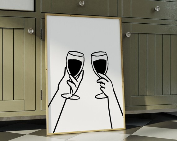 Wine Toast Cheers Filled Glasses Minimalist Line Art Kitchen Wall Poster
