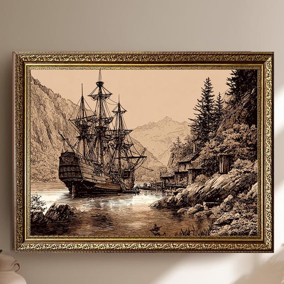 Vintage Sailing Ship Sepia Canvas Wall Art Historic Harbor Scene Print Nautical Maritime Illustration Antique Coastal Home Decor