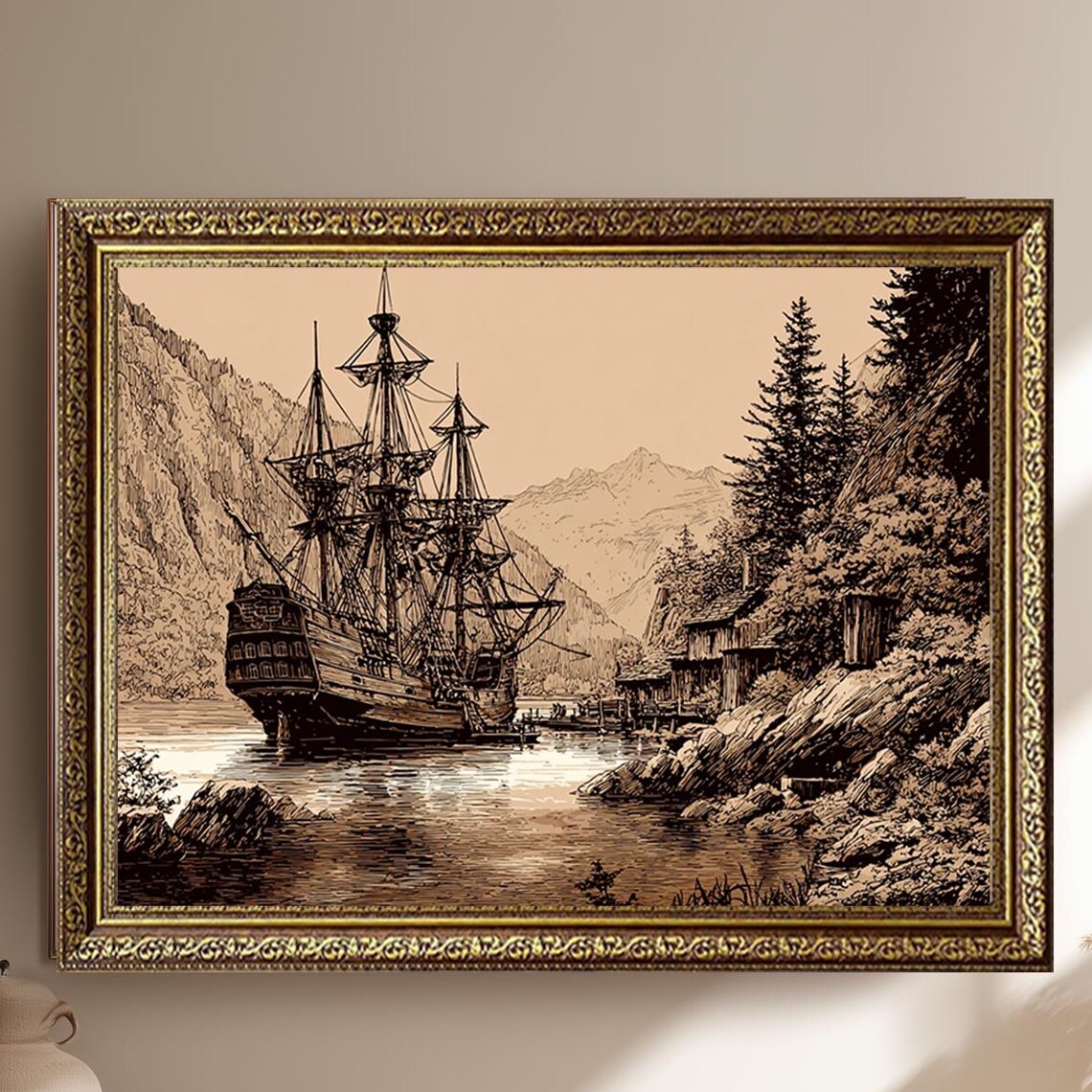 Antique Sepia Tall Ship Anchored in Mountain Fjord Harbor Poster