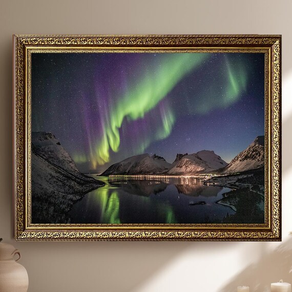 Northern Lights Aurora Borealis Over Snowy Fjord Mountains Poster