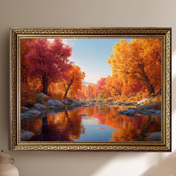 Golden Autumn Forest River Red Foliage Landscape Photo Poster