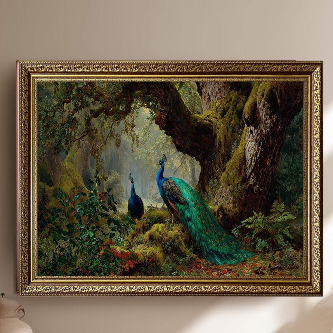 Peacocks in Mossy Enchanted Forest Wildlife Painting Elegant Wall Art