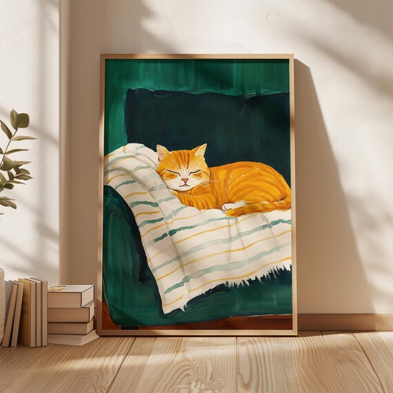 Sleeping Ginger Cat On Striped Blanket Emerald Green Wall Poster