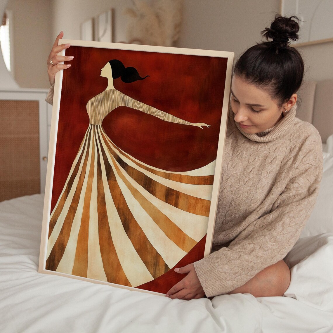 Spinning Dancer in Striped Gown Against Deep Red Backdrop Poster - Image 5