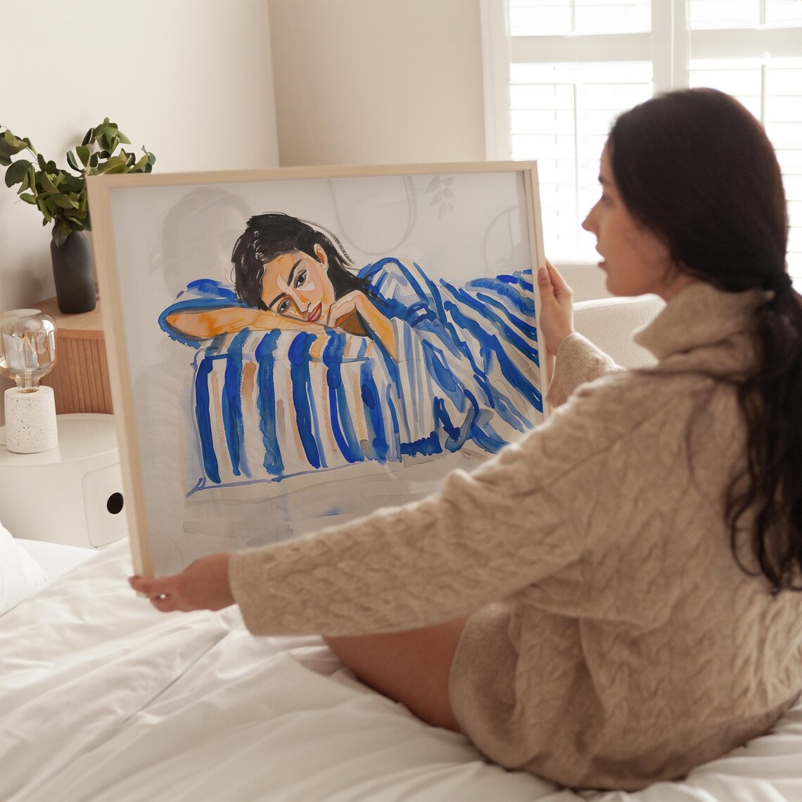 Woman Lounging Under Blue Striped Blanket Watercolor Portrait Poster - Image 5