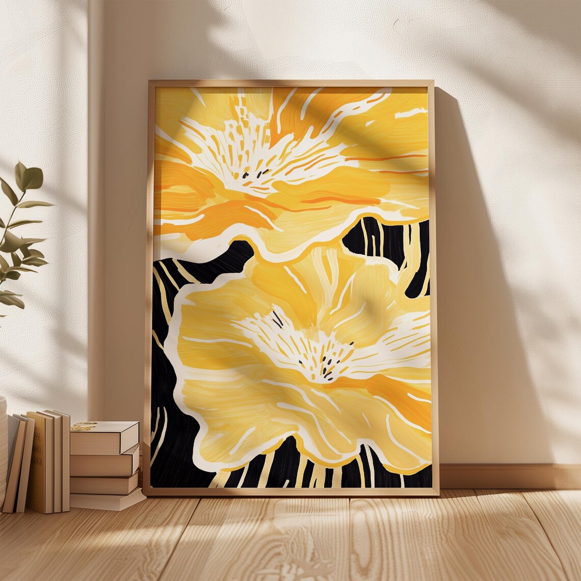 Yellow Floral Abstract Flower Art Print, Black Background