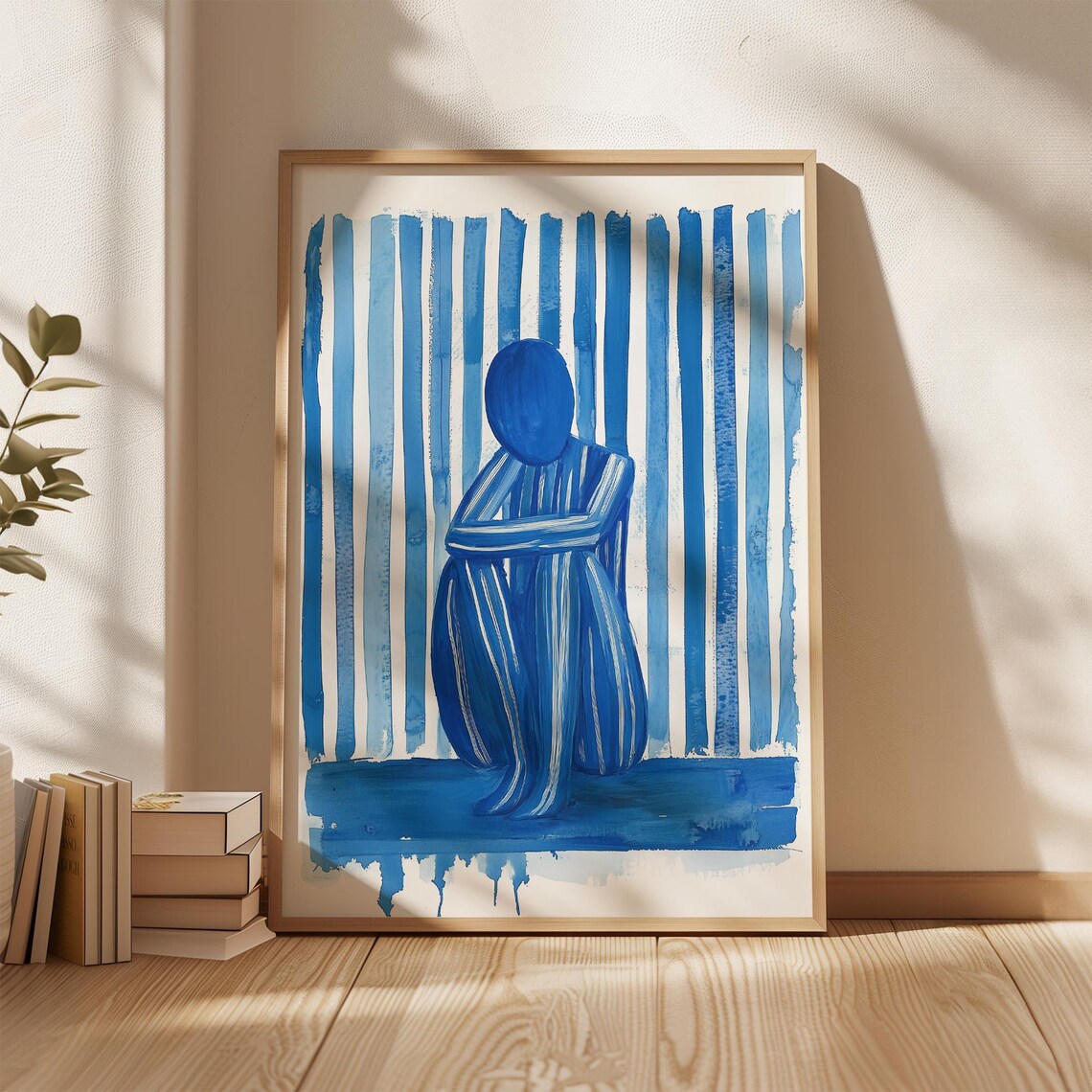 Abstract Blue Striped Figure, Modern Minimalist Art Print - Image 3