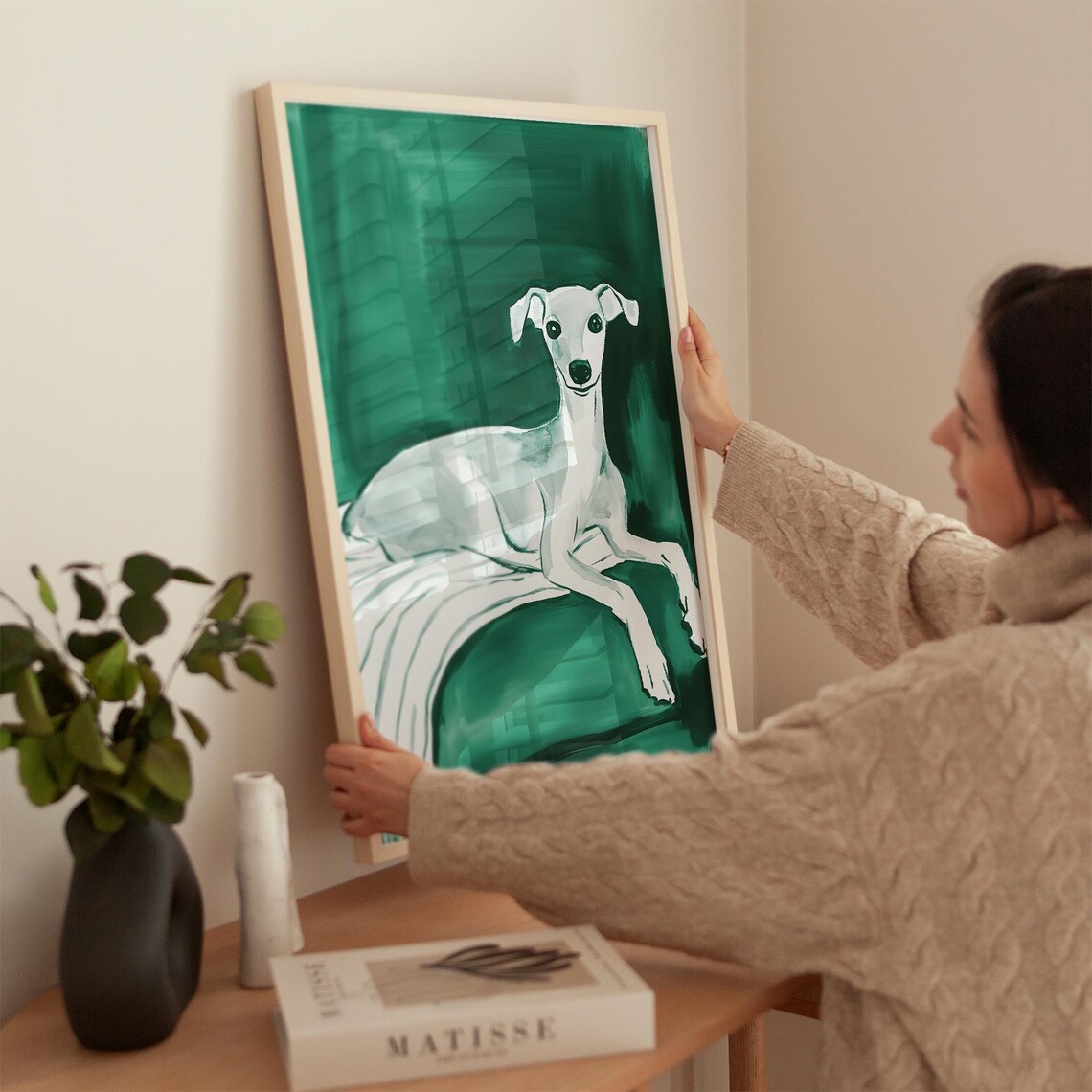 Elegant Greyhound On Green Sofa, Minimalist Dog Art - Image 2