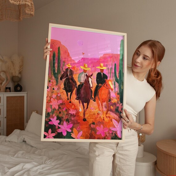 Pink Desert Cowboys On Horseback Wildflower Cactus Western Art Poster