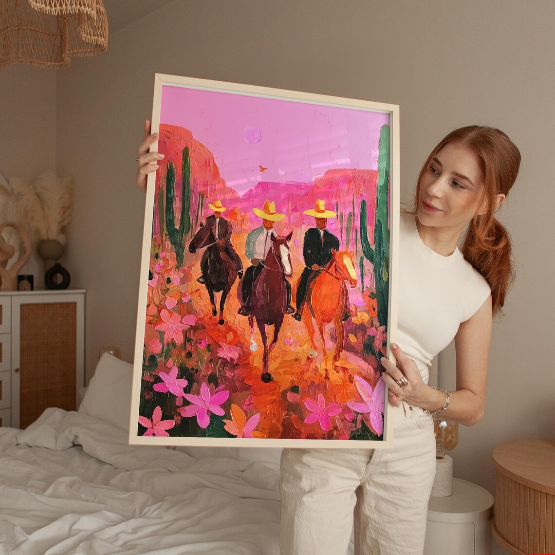 Pink Desert Cowboys On Horseback Wildflower Cactus Western Art Poster