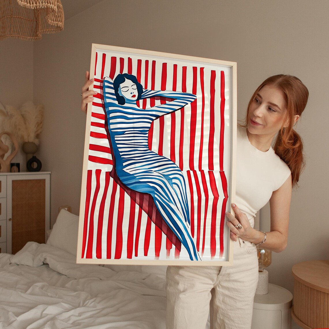 Woman in Blue Striped Dress Reclining Against Red Stripes Poster - Image 5