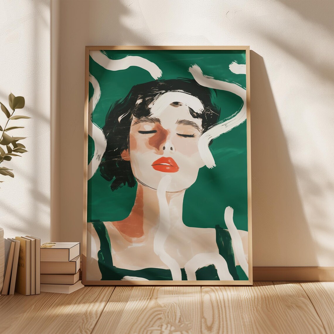 Abstract Woman Face Red Lips Green Background Modern Art Poster - Image 4