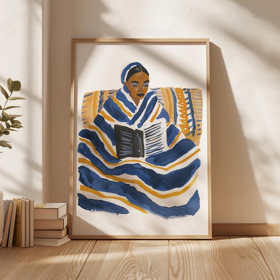 Woman Reading Under Blue and Gold Striped Blanket Watercolor Poster