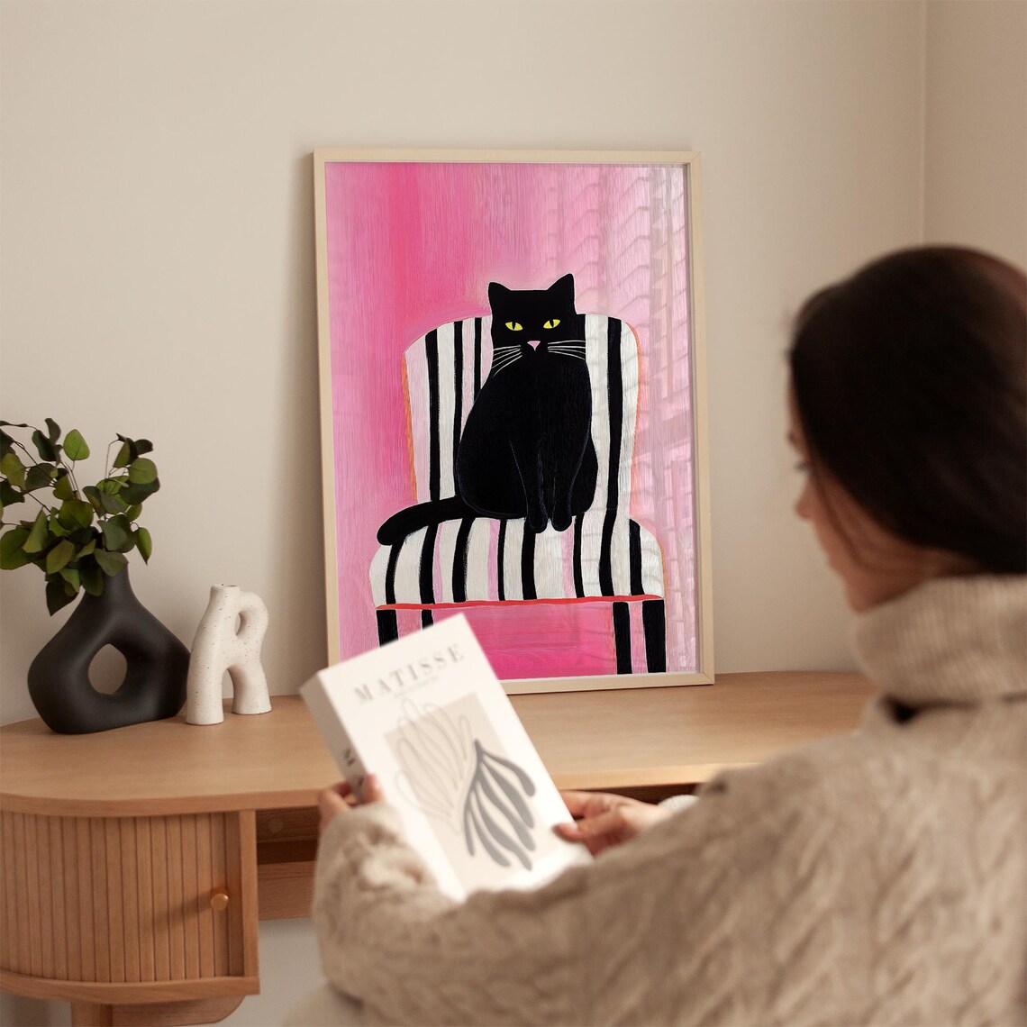 Black Cat on Striped Chair Against Pink Bold Modern Cat Art Poster - Image 2