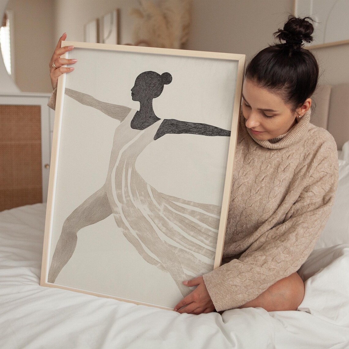 Dancer in Flowing Skirt Neutral Beige Abstract Sketch Art Poster - Image 2