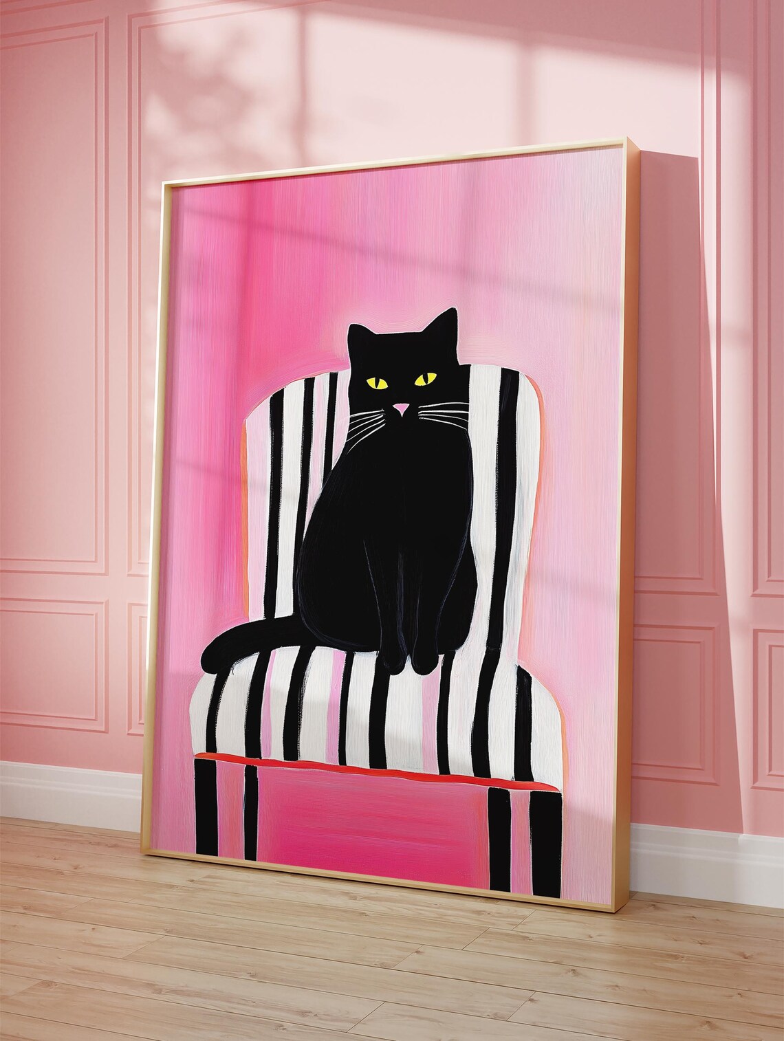 Black Cat on Striped Chair Against Pink Bold Modern Cat Art Poster - Image 4